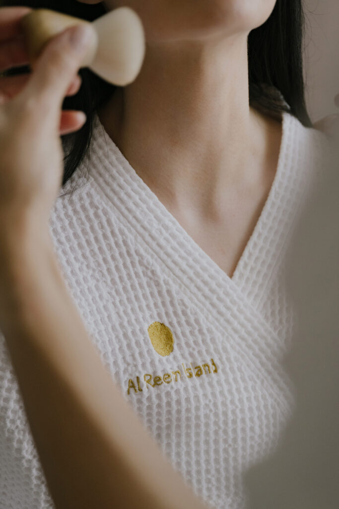 Women wearing white waffle robe