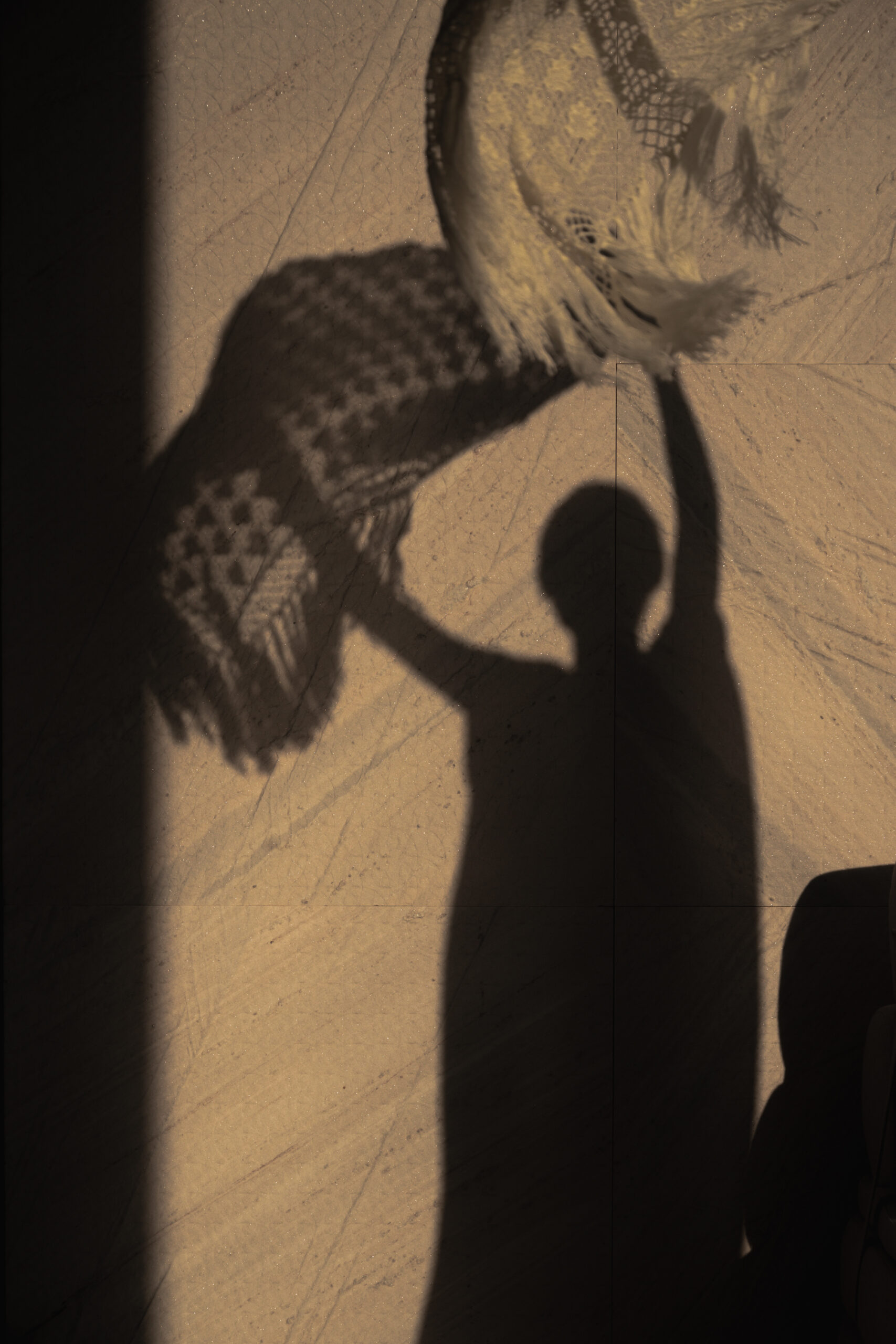 Shadow of a woman holding a blanket